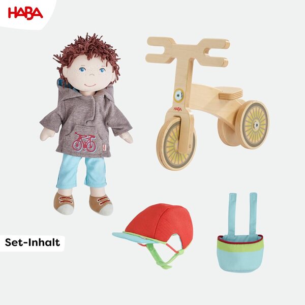 HABA Holzfahrrad Lian mit Puppe, Helm und Korb, sicheres Doppelrad