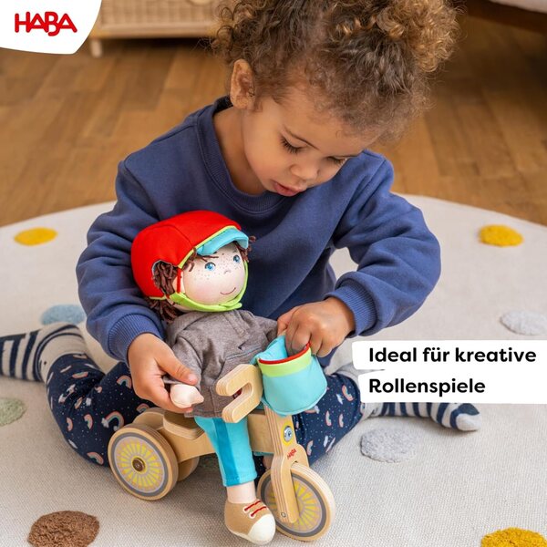 HABA Holzfahrrad Lian mit Puppe, Helm und Korb, sicheres Doppelrad