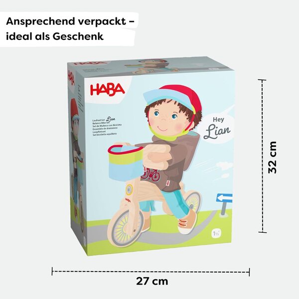 HABA Holzfahrrad Lian mit Puppe, Helm und Korb, sicheres Doppelrad