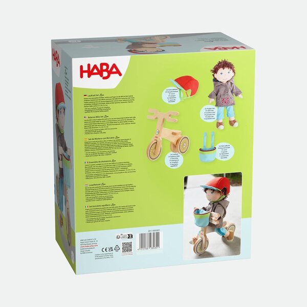 HABA Holzfahrrad Lian mit Puppe, Helm und Korb, sicheres Doppelrad