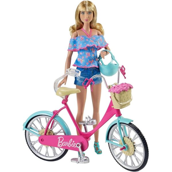 Barbie-Fahrrad für Puppen mit Helm und mehrfarbigem Zubehör, Spielzeug für 3+ Jahre