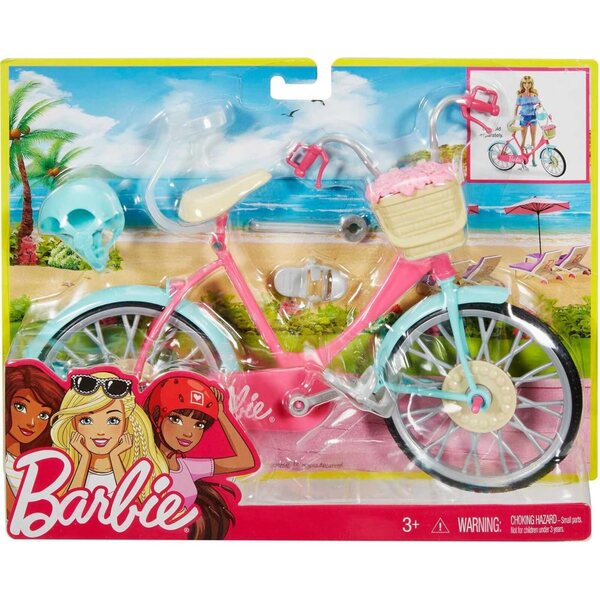 Barbie-Fahrrad für Puppen mit Helm und mehrfarbigem Zubehör, Spielzeug für 3+ Jahre