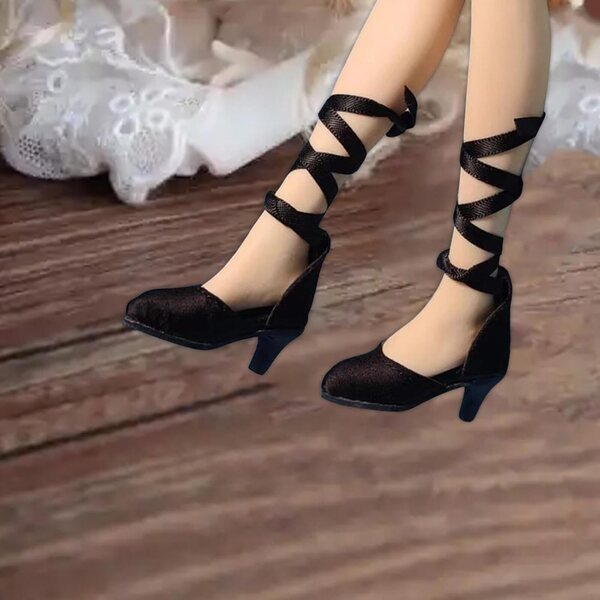 Scarpe con Tacco Alto per Bambole 1/6 in Pelle Sintetica e Design a Lacci Nero