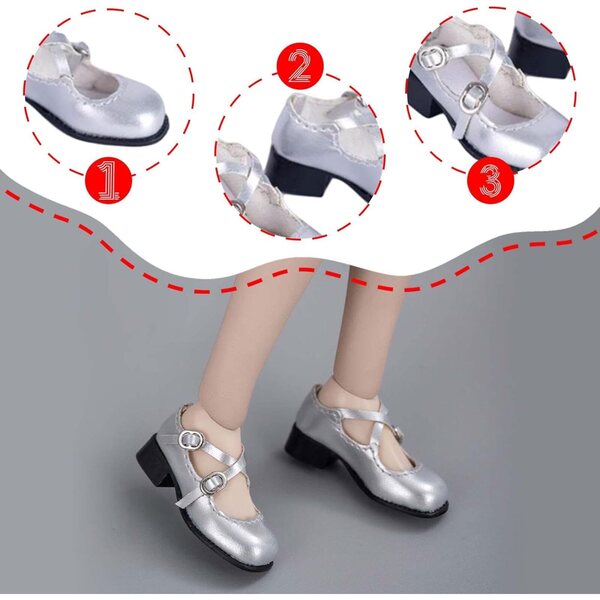 1/6 PU-Puppenschuhe mit niedrigem Absatz, silberfarben, langlebige Modeaccessoires