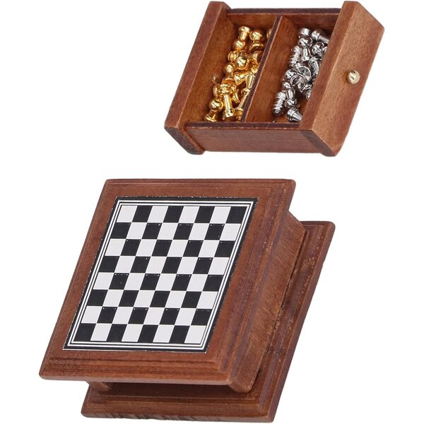 Puppenhaus-Miniatur-Schachspiel aus Holz und Metall, realistische Dekoration