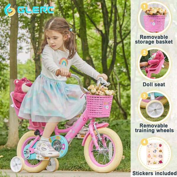 Glerc Maggie 16" Mädchenfahrrad mit Korb, Klingel und Stabilisatoren