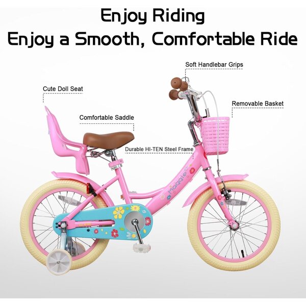 Glerc Maggie 16" Mädchenfahrrad mit Korb, Klingel und Stabilisatoren