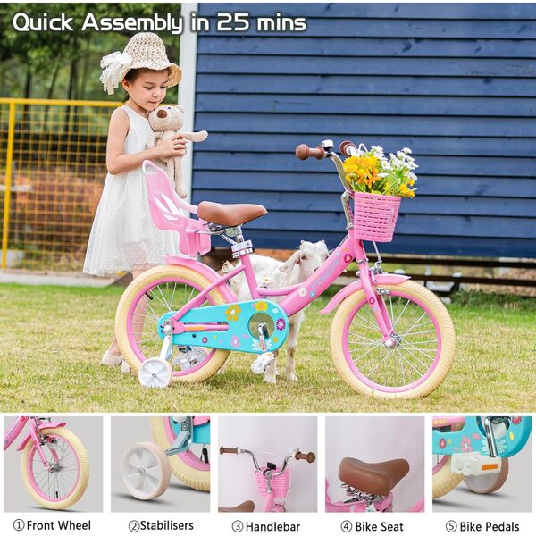 Glerc Maggie 16" Mädchenfahrrad mit Korb, Klingel und Stabilisatoren