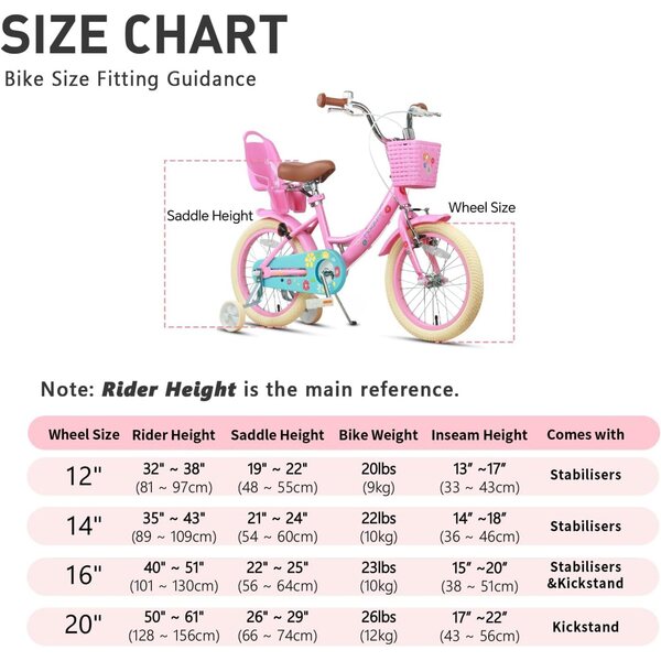 Glerc Maggie 16" Mädchenfahrrad mit Korb, Klingel und Stabilisatoren