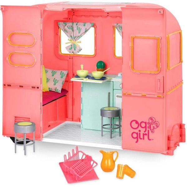 Our Generation Camper Rosa 28 pezzi per bambole 46 cm - Veicolo da campeggio con accessori cucina