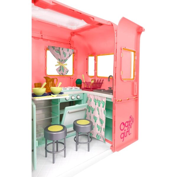 Our Generation Camper Rosa 28 pezzi per bambole 46 cm - Veicolo da campeggio con accessori cucina