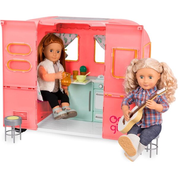 Our Generation Camper Rosa 28 pezzi per bambole 46 cm - Veicolo da campeggio con accessori cucina