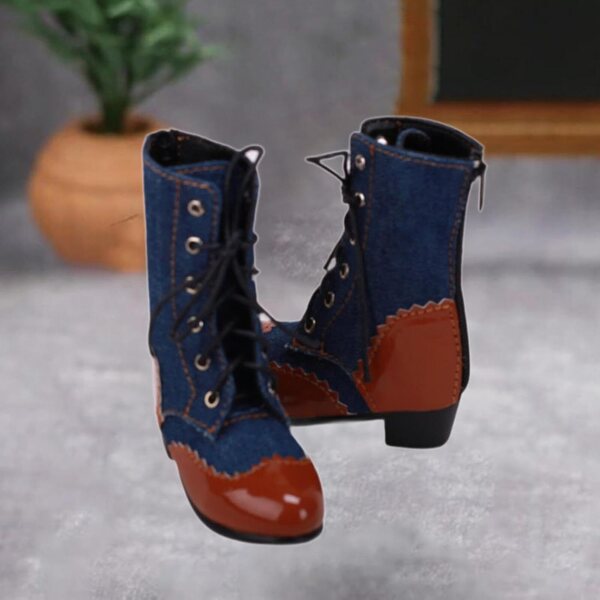 Blaue Stiefel für Puppen im Maßstab 1:4 mit niedrigem Absatz aus PU-Leder und Stoff