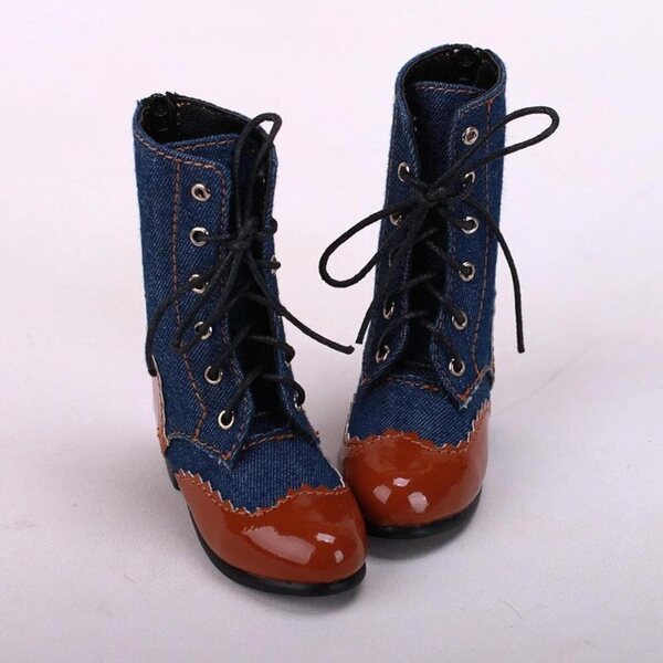 Blaue Stiefel für Puppen im Maßstab 1:4 mit niedrigem Absatz aus PU-Leder und Stoff