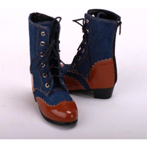 Blaue Stiefel für Puppen im Maßstab 1:4 mit niedrigem Absatz aus PU-Leder und Stoff