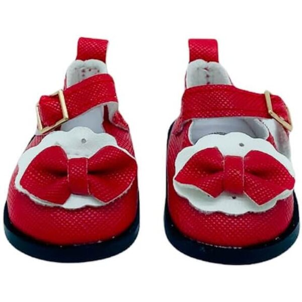 Coppia Scarpe in Pelle Rosse e Bianche con Fibbia e Fiore per Bambola Nancy e Simona