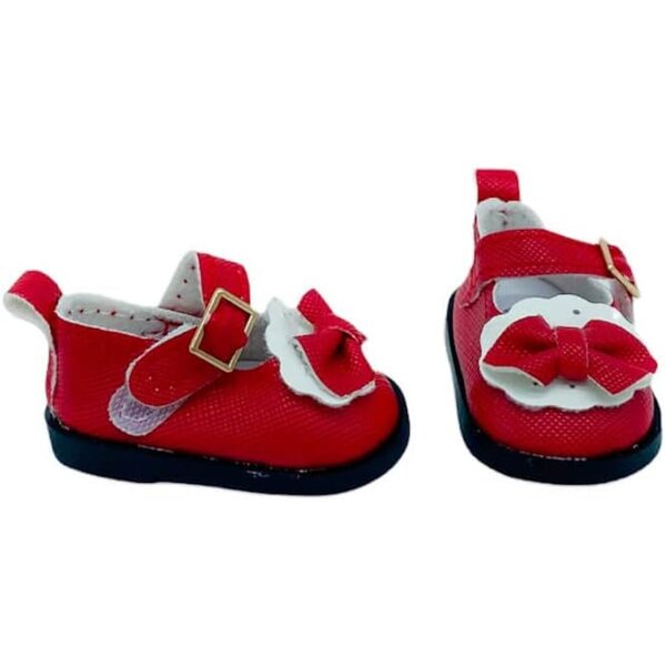 Coppia Scarpe in Pelle Rosse e Bianche con Fibbia e Fiore per Bambola Nancy e Simona
