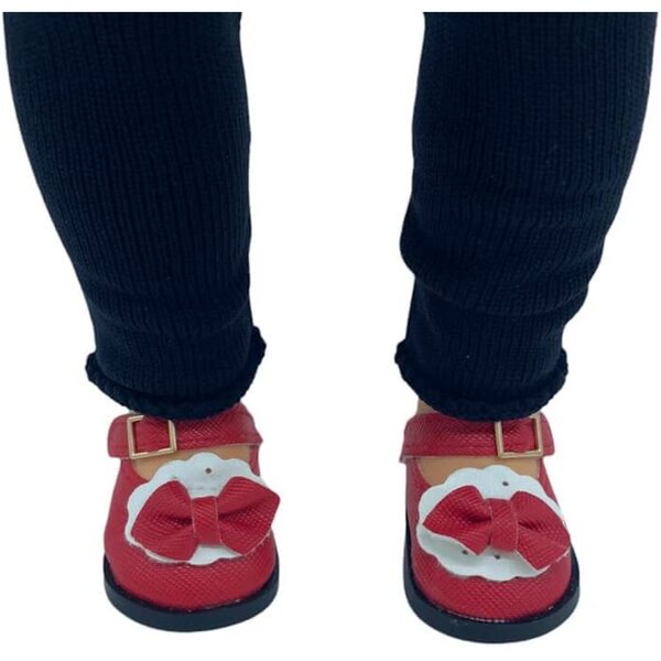 Coppia Scarpe in Pelle Rosse e Bianche con Fibbia e Fiore per Bambola Nancy e Simona
