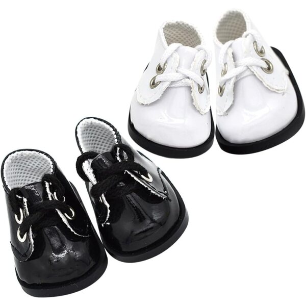 2 Paar Miniaturpuppen-Sportschuhe aus schwarzem und weißem Leder, 5,5 x 2,8 cm