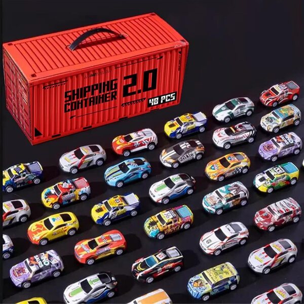 Set 48 Mini Auto Inerziali in Lega con Contenitore Portatile - Giocattoli Resistenti per Bambini