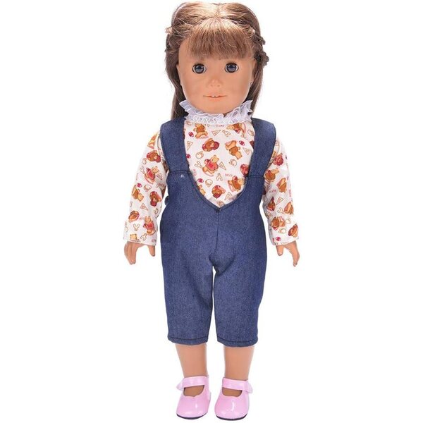 Denim-Overall-Kleid und Teddybär-T-Shirt für amerikanische Puppen 46 cm