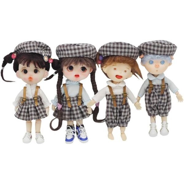 Completo a Quadri per Bambola BJD 1/12 - Salopette, Maglia Bianca e Cappello Casual