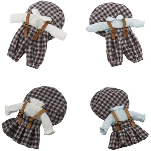Completo a Quadri per Bambola BJD 1/12 - Salopette, Maglia Bianca e Cappello Casual