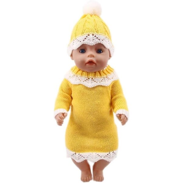 Abito Lavorato a Maglia Giallo per Bambola Americana 46 cm con Cappello e Accessori