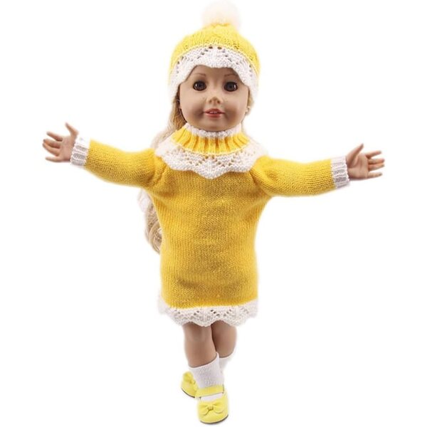 Abito Lavorato a Maglia Giallo per Bambola Americana 46 cm con Cappello e Accessori