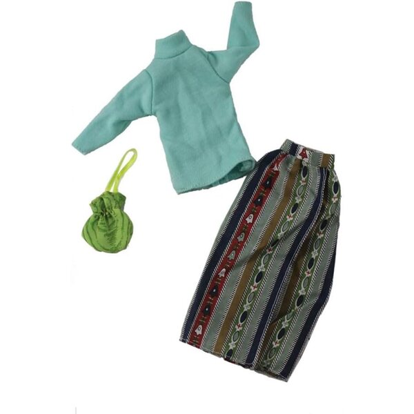 Kleidungsset für 30-cm-Puppe: hochgeschlossenes Oberteil, langer Rock und Handtasche
