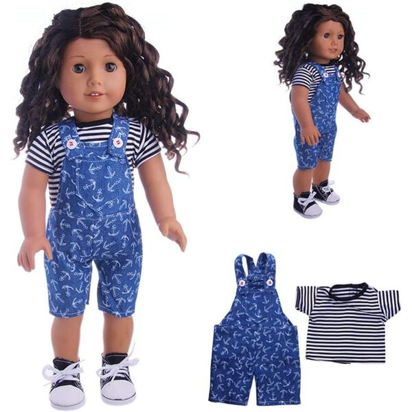 Puppenkleidung 46 cm – Gestreiftes T-Shirt und Hose mit Hosenträgern, 2 Stück Uteruik
