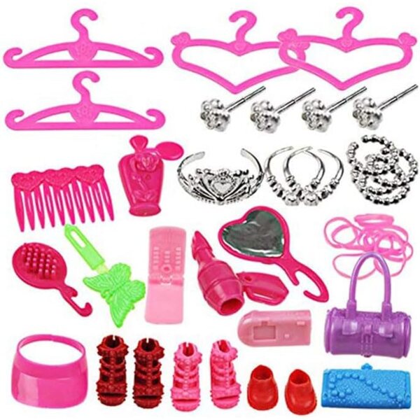 42-teiliges Set mit Kostümen und Accessoires für 30-cm-Puppen – Schuhe, Taschen und Kosmetika