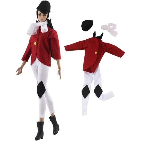 Completo Equitazione Bambola 30 cm Top Rosso, Pantaloni, Cappello e Sciarpa
