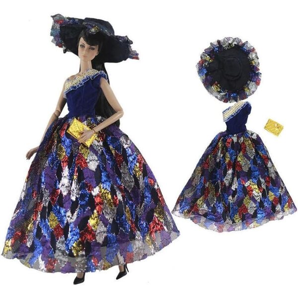 Kleidung für 30-cm-Puppen: Abendkleid, eleganter Hut und Tasche