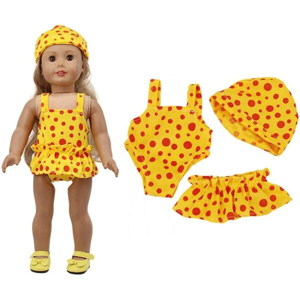 Gepunktetes Badebekleidungsset für 46-cm-Puppen mit Mütze, Badeanzug und Rock