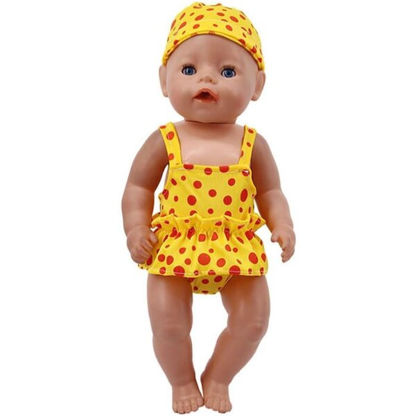 Gepunktetes Badebekleidungsset für 46-cm-Puppen mit Mütze, Badeanzug und Rock