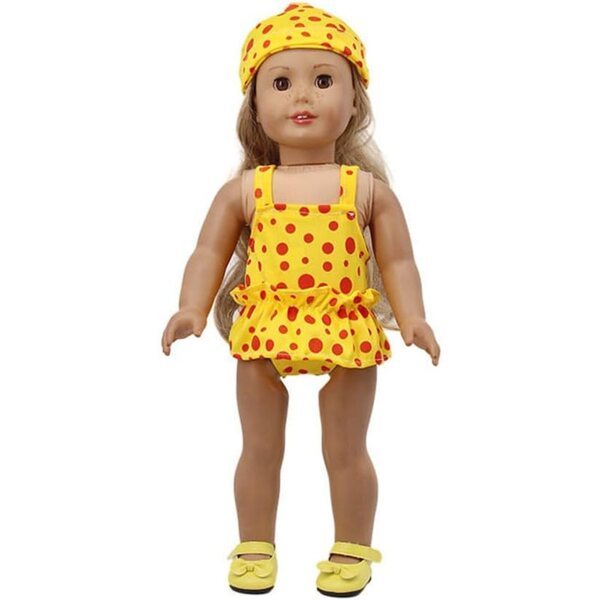Gepunktetes Badebekleidungsset für 46-cm-Puppen mit Mütze, Badeanzug und Rock