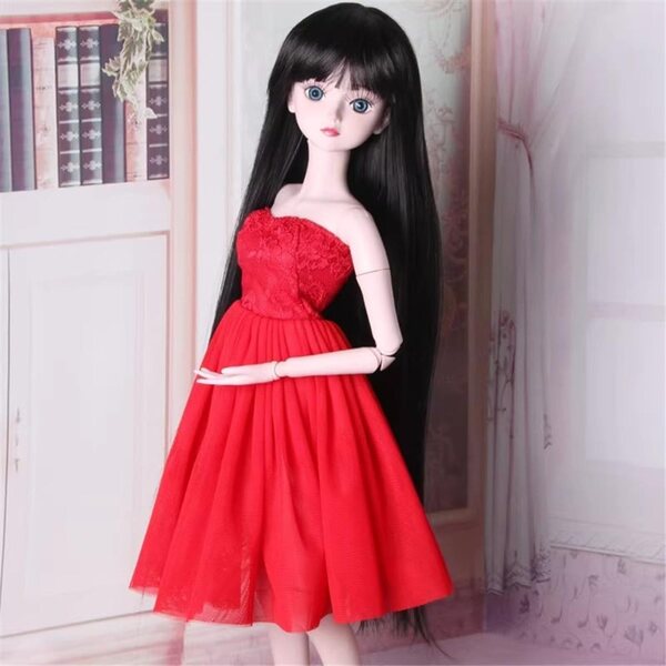 Abito Rosso a Spalle Scoperte per Bambola BJD 60 cm, Look Casual Elegante