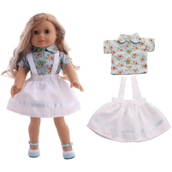 Kleid für 46-cm-Puppen – weißes Schürzenkleid und Bluse mit Beerenaufdruck