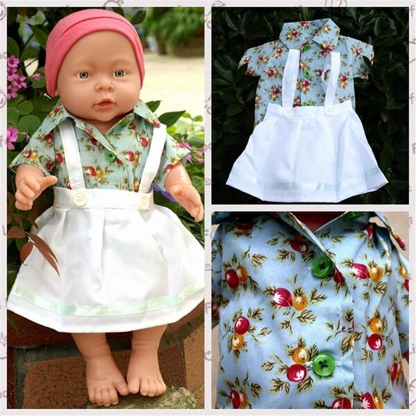 Kleid für 46-cm-Puppen – weißes Schürzenkleid und Bluse mit Beerenaufdruck