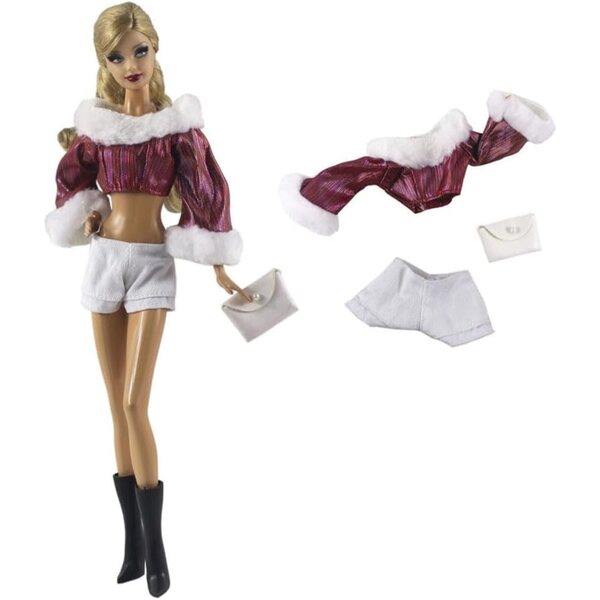 30-cm-Puppenkleidungsset: Lila Oberteil, weiße Shorts und elegante Handtasche