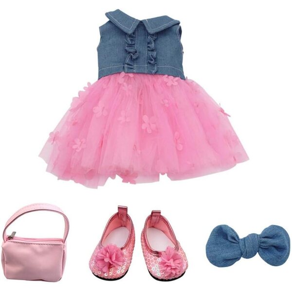 Lässiges Spitzenkleid für 46 cm große Puppen mit Handtasche, Schuhen und Schleifenstirnband