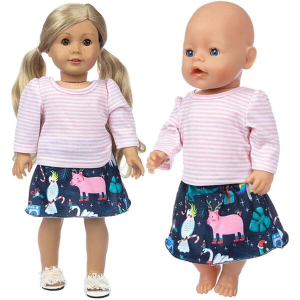 Modische Kleidung für 46-cm-Puppen: gestreiftes Langarm-T-Shirt und Rock