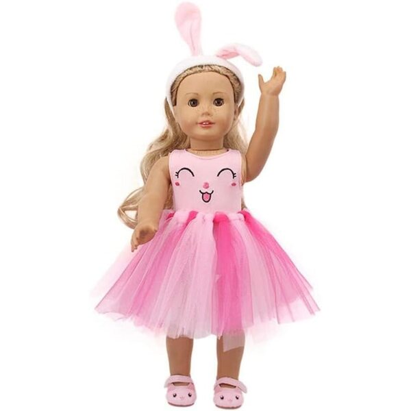 Kleidung für 46-cm-Puppen – lässiges rosa Outfit mit Spitzenrock und Hasen-Stirnband