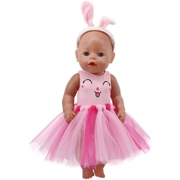 Kleidung für 46-cm-Puppen – lässiges rosa Outfit mit Spitzenrock und Hasen-Stirnband