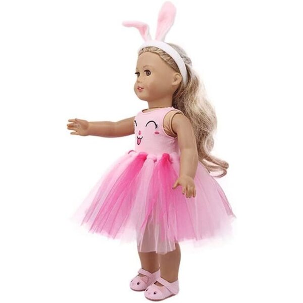 Kleidung für 46-cm-Puppen – lässiges rosa Outfit mit Spitzenrock und Hasen-Stirnband