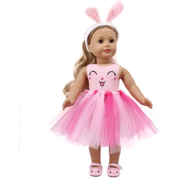 Kleidung für 46-cm-Puppen – lässiges rosa Outfit mit Spitzenrock und Hasen-Stirnband