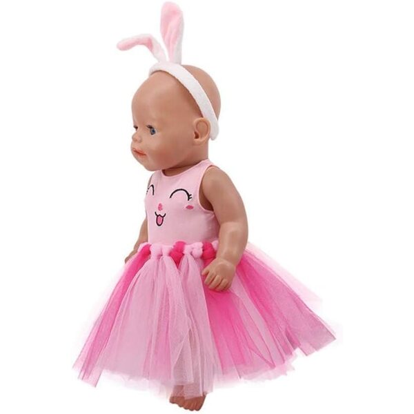 Kleidung für 46-cm-Puppen – lässiges rosa Outfit mit Spitzenrock und Hasen-Stirnband