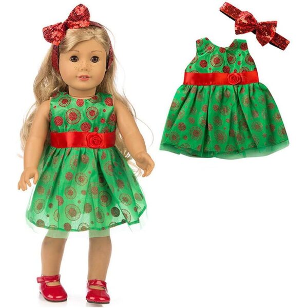 Grünes Kleid für 46-cm-Puppe mit Spitzenrock und Stirnband mit Schleife