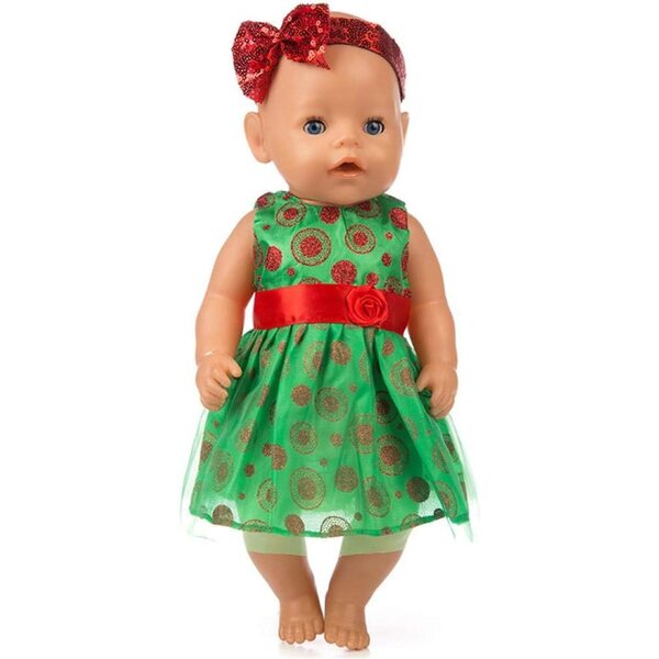Grünes Kleid für 46-cm-Puppe mit Spitzenrock und Stirnband mit Schleife